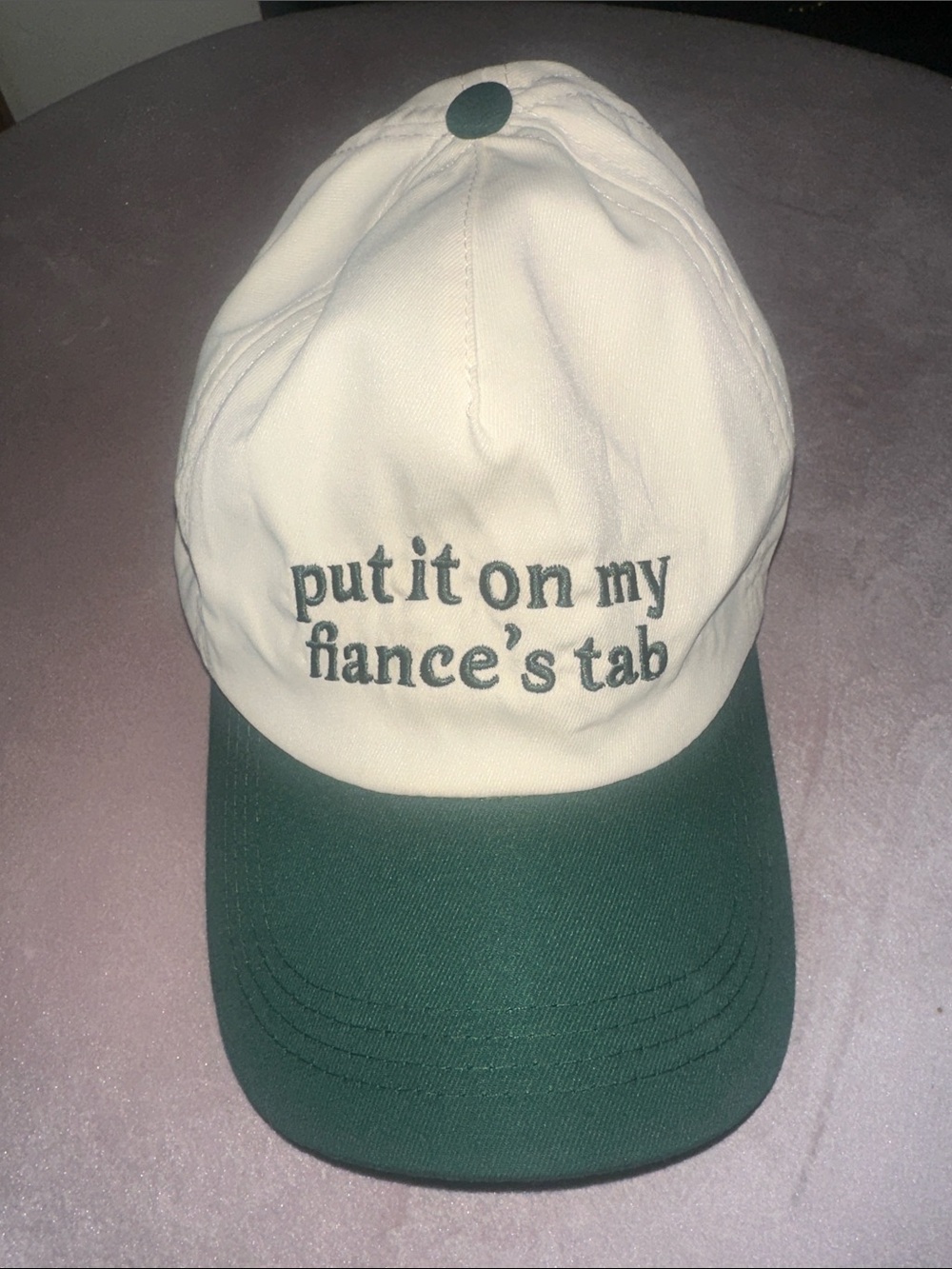 Cream and Dark Green Embroidered Baseball Cap - Put It On My Fiance's Tab